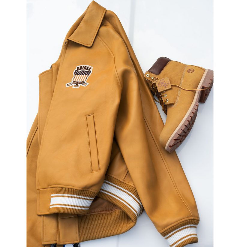 Men’s Timberland x Avirex Yellow Bomber Jacket American Flight Aviator Leather Jacket Varsity Streetwear Jacket (2)