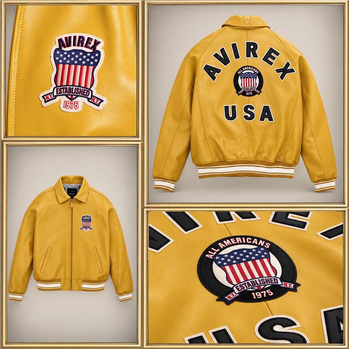 Men’s Timberland x Avirex Yellow Bomber Jacket  American Flight Aviator Leather Jacket Varsity Streetwear Jacket (1)