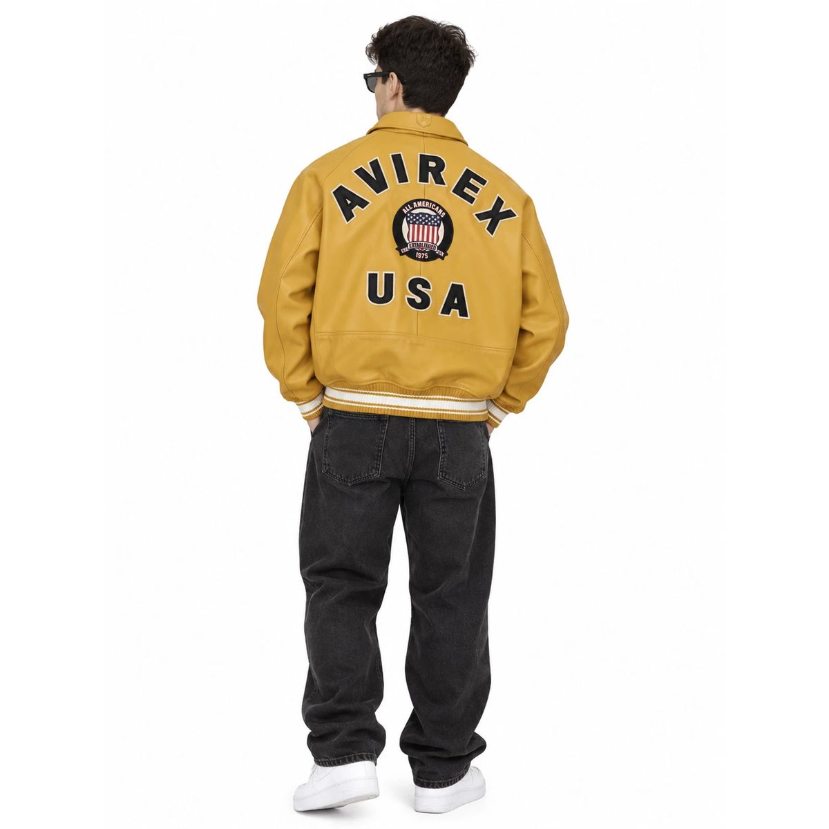 Men’s Timberland x Avirex Yellow Bomber Jacket  American Flight Aviator Leather Jacket Varsity Streetwear Jacket (4)
